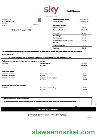 United Kingdom Sky business utility bill statement template in Word and PDF formats
